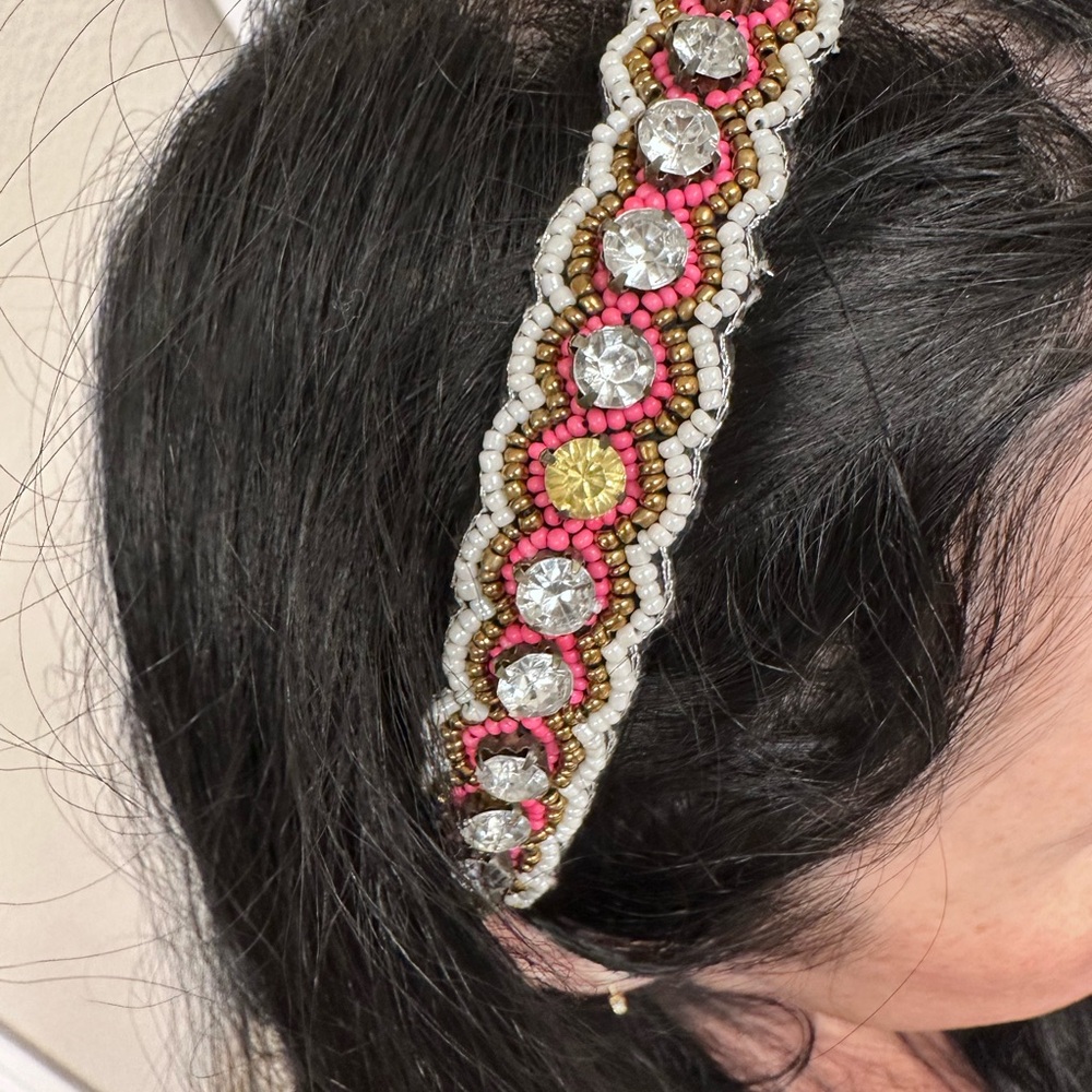 Three Bird Nest Pink and Gold Beaded Headband
